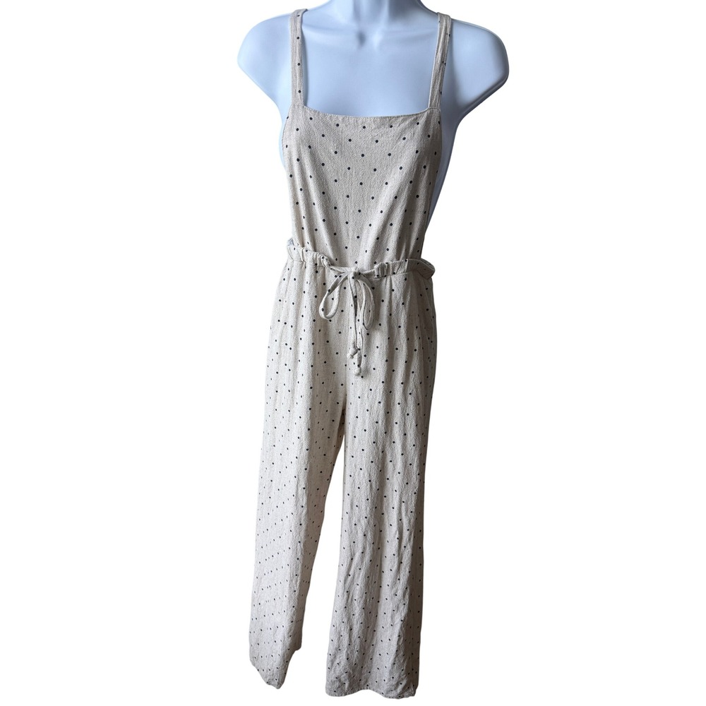 Self Esteem Polka Dot Overall Jumpsuit Linen Blend Oat Navy Blue Large